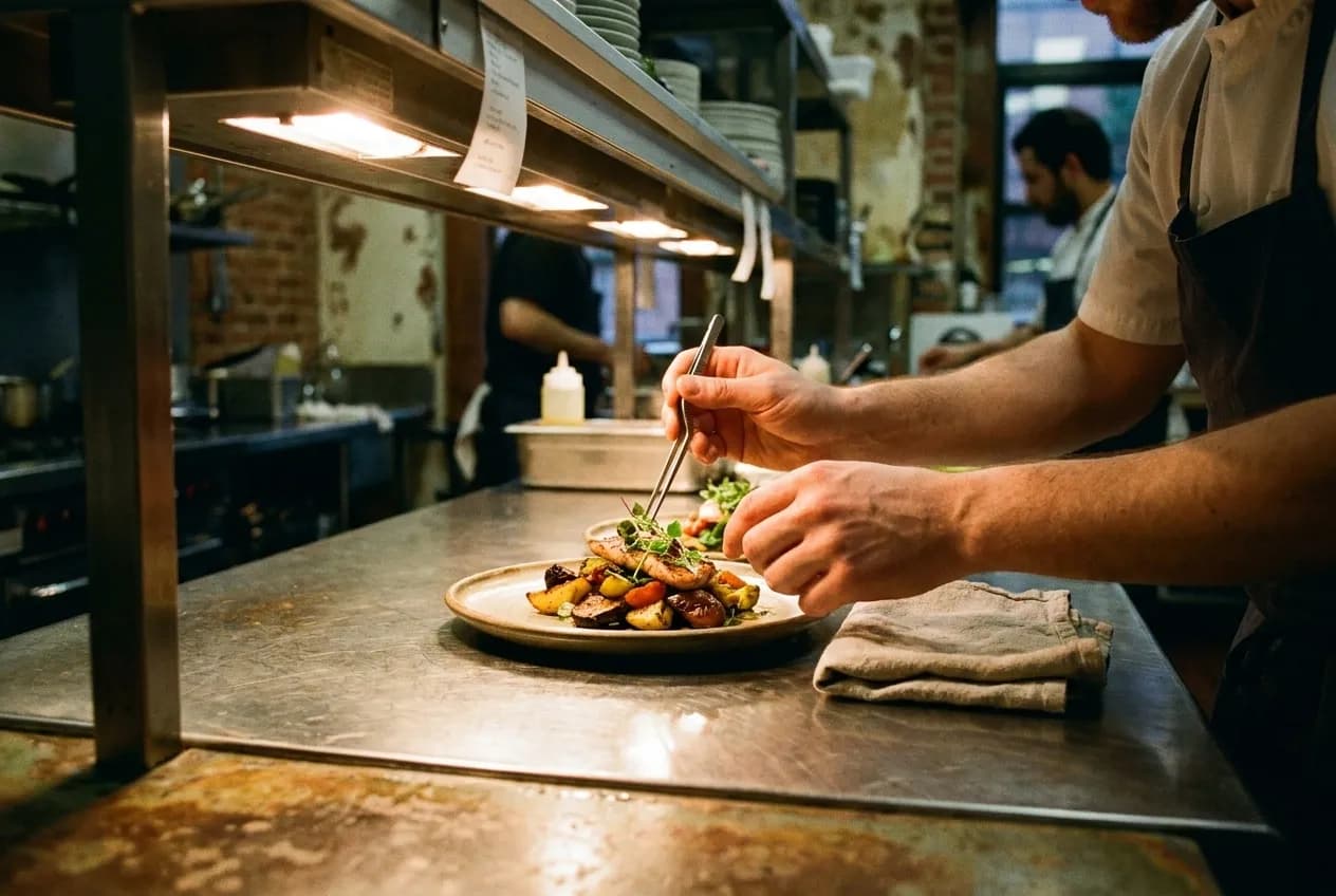 Hands finishing a plate at a stainless pass under a service lamp, tweezers placing a garnish and a folded cloth to one side