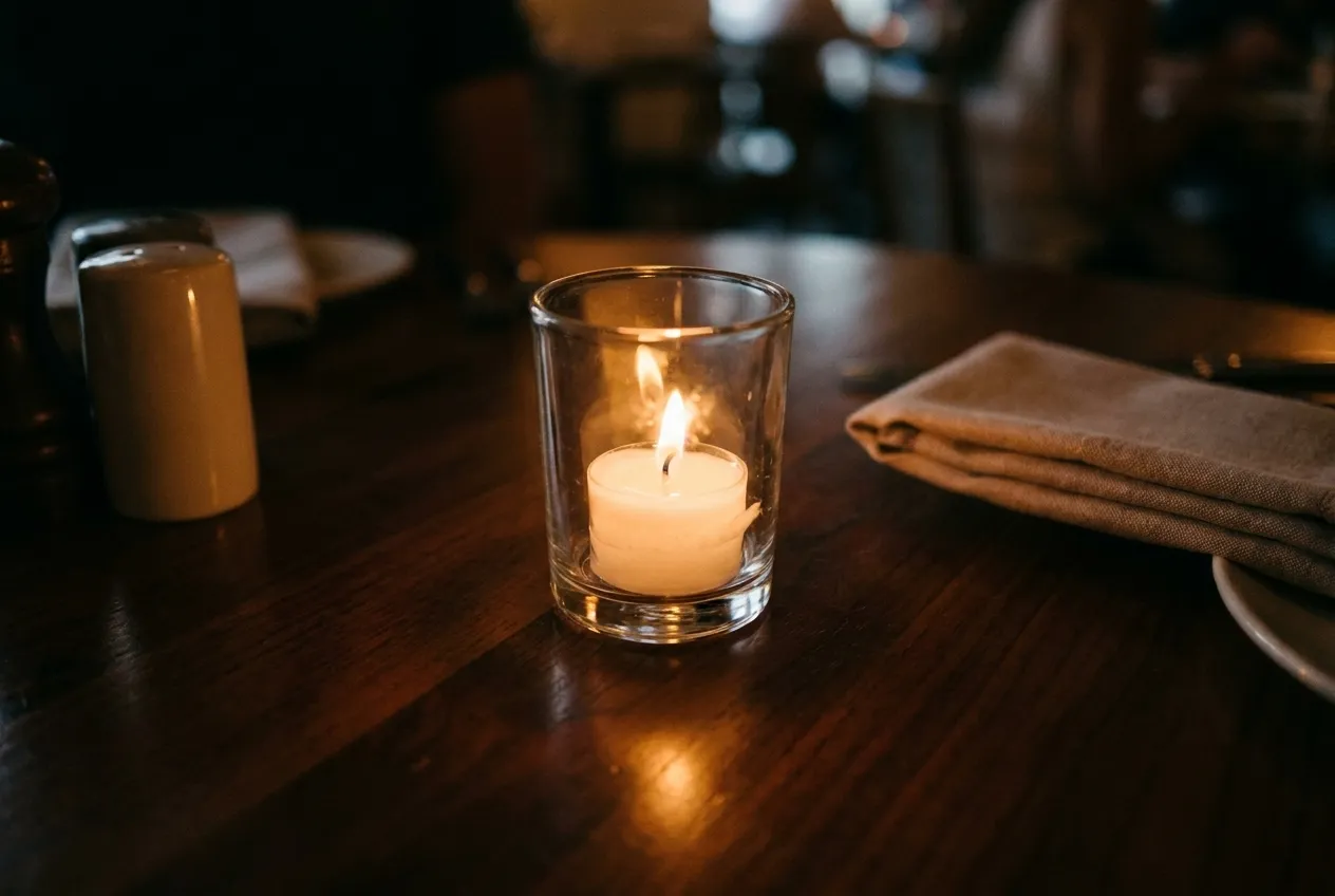 A small candle in a glass holder on a dark table, the flame sharp and the surroundings falling away into warm shadow