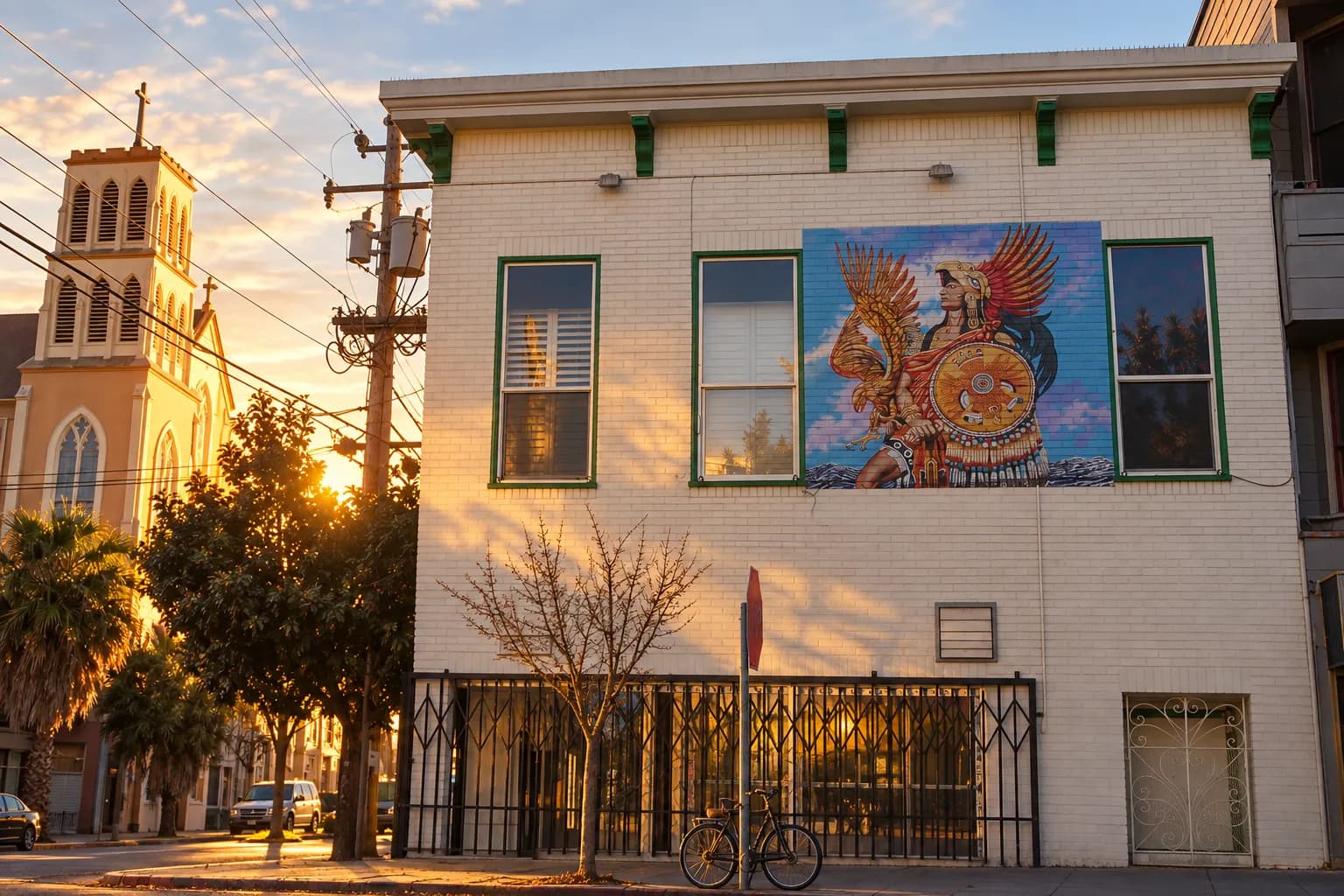 Mission side street in late light with stucco facades, a painted wall mural and power lines overhead