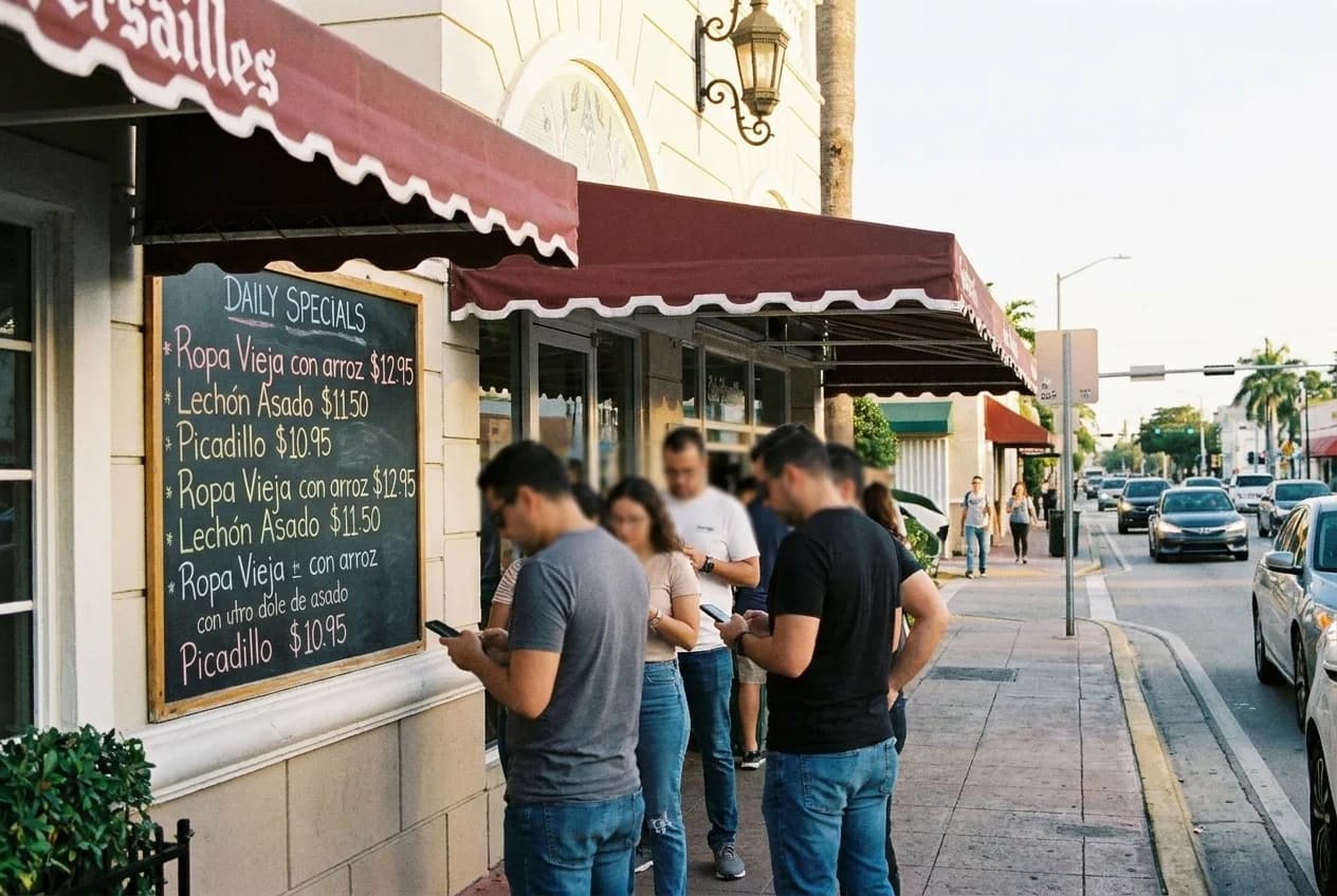 Daily specials board in Spanish at Little Havana Cuban restaurant with handwritten menu items and prices
