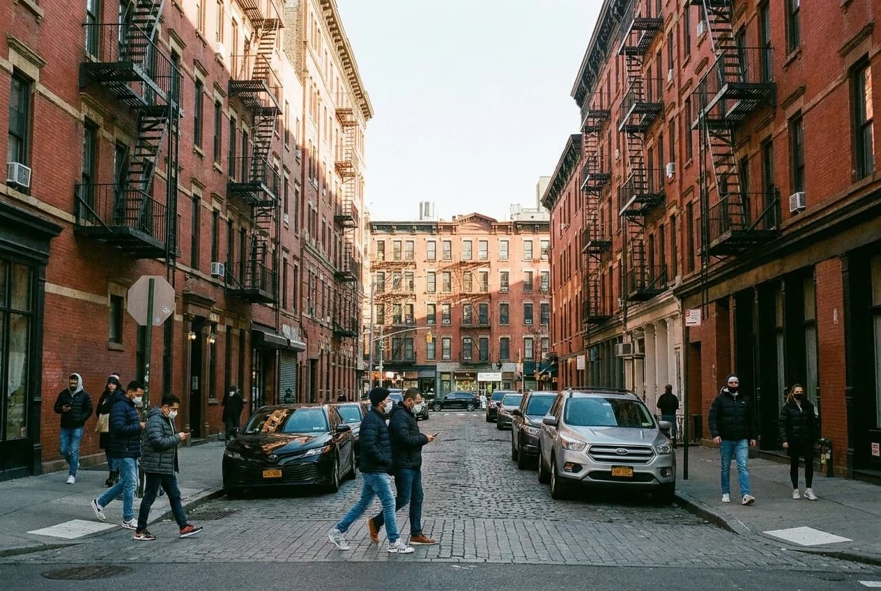 Orchard and Rivington intersection with tenement buildings, Lower East Side