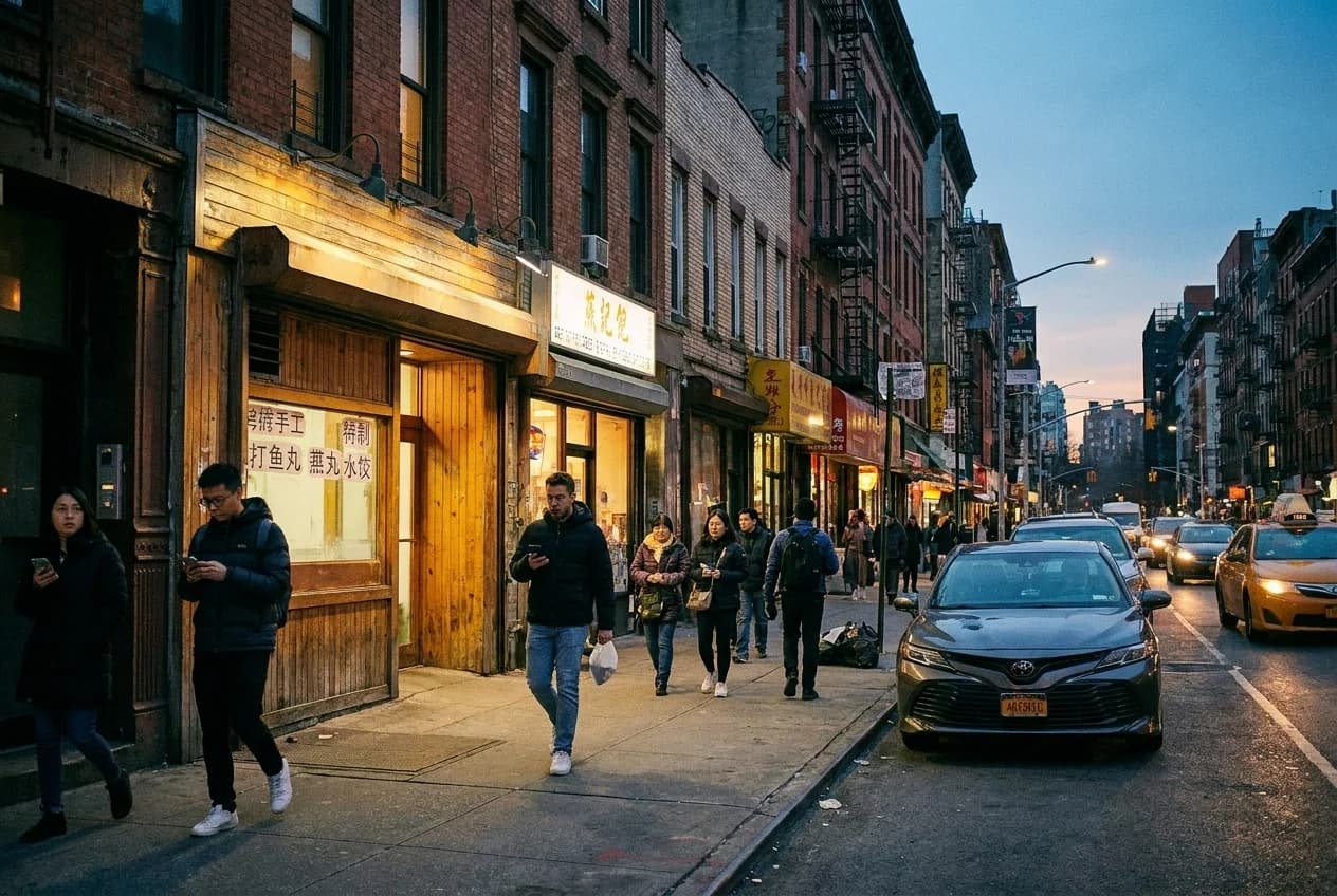 Evening view of restaurants on Rivington Street, Lower East Side