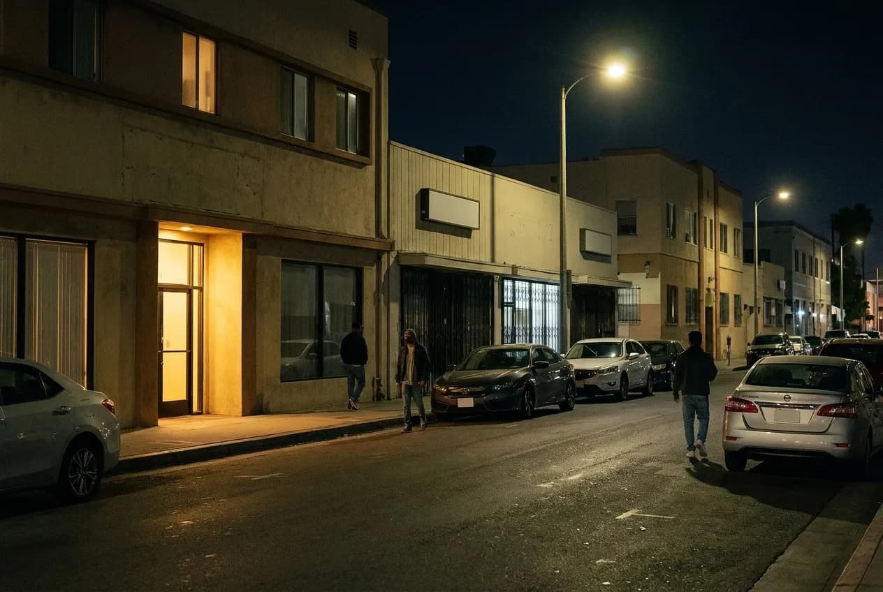A quiet Los Angeles side street at night with low buildings and a single lit doorway