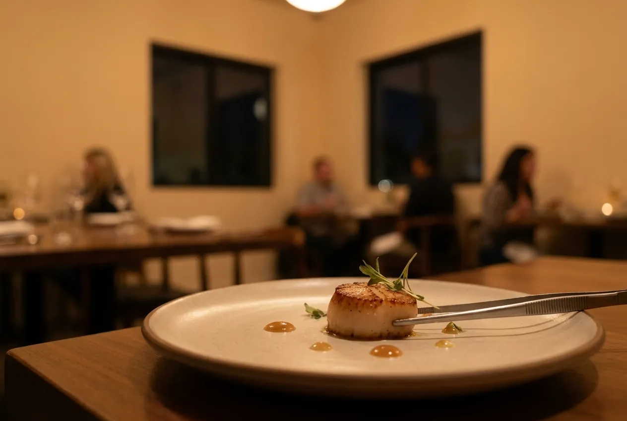 A tasting-menu plate under warm restaurant light with tweezed garnish