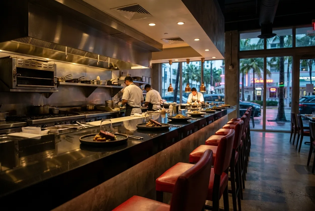 Small wooden omakase counter with warm overhead pendant lights, dark stone walls, and chef's hands plating sashimi in tight close-up view across polished cypress counter surface.