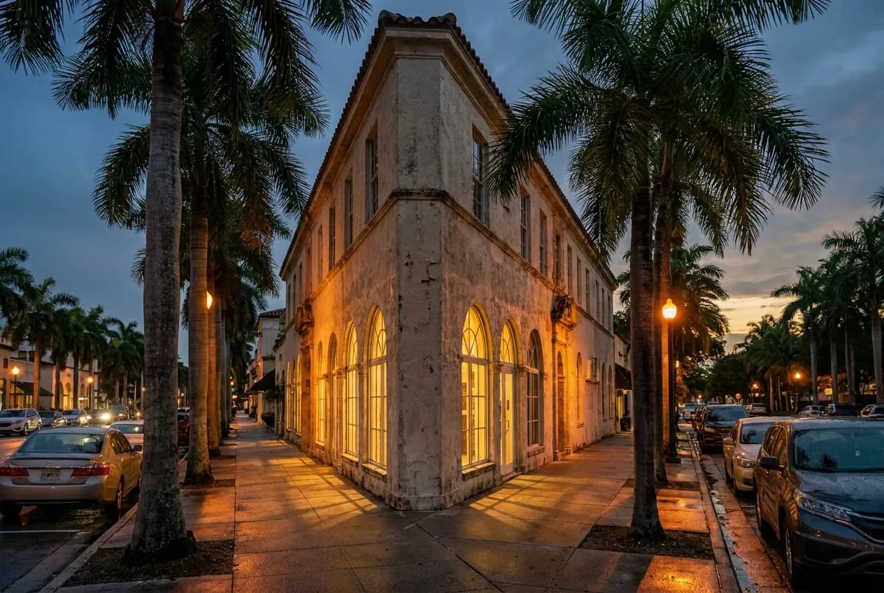 Dark glass high-rise residential tower base on Brickell Key at dusk, with warm restaurant lighting glowing through ground-floor windows and Biscayne Bay reflections on wet pavement.
