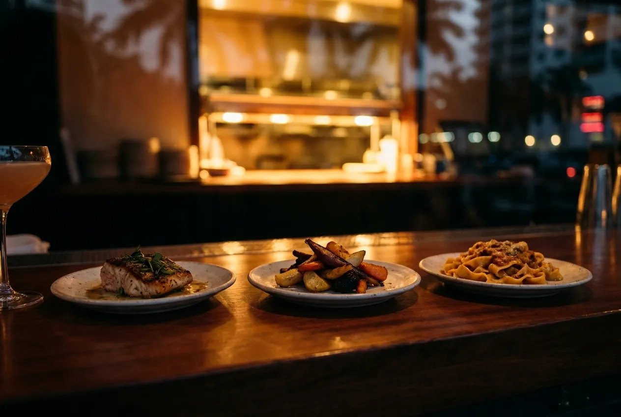 Tasting-style plates arranged on dark wood bar top under warm pendant lights with wine glasses and open kitchen glow in background
