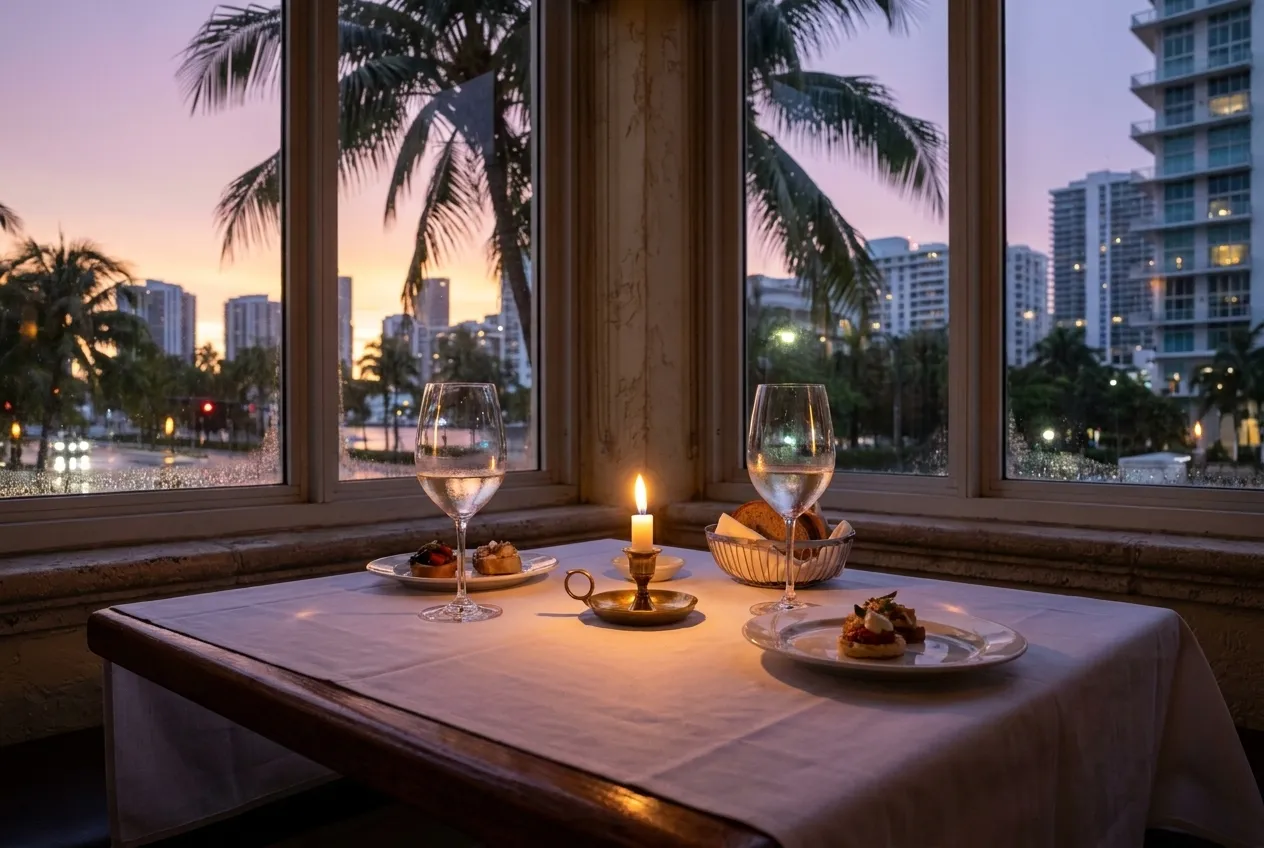 White tablecloth corner table set with candles and wine glasses against floor-to-ceiling windows showing Miami twilight and palm silhouettes outside