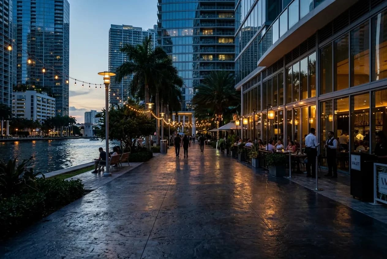 Brickell riverfront promenade at evening with glass towers reflecting golden light, pedestrians walking past waterfront restaurant windows, and tropical greenery framing the path.