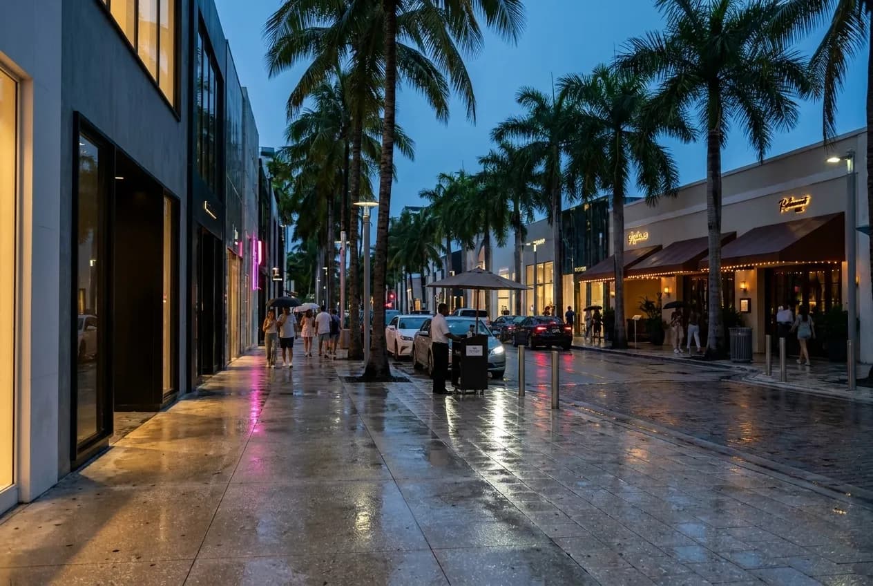 Palm-lined street in Miami Design District at dusk with polished storefronts, low neon signs, and warm light spilling onto concrete sidewalks near fine-dining entrances.