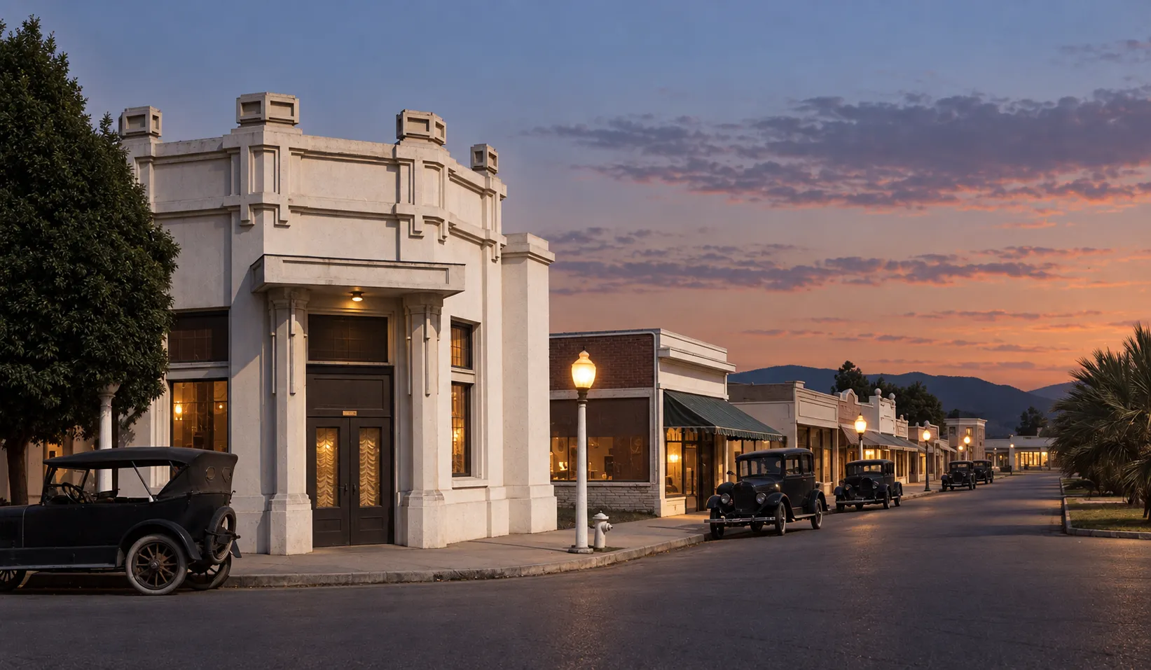Single-storey commercial units along a west-side boulevard at dusk with a mature street tree and parked cars