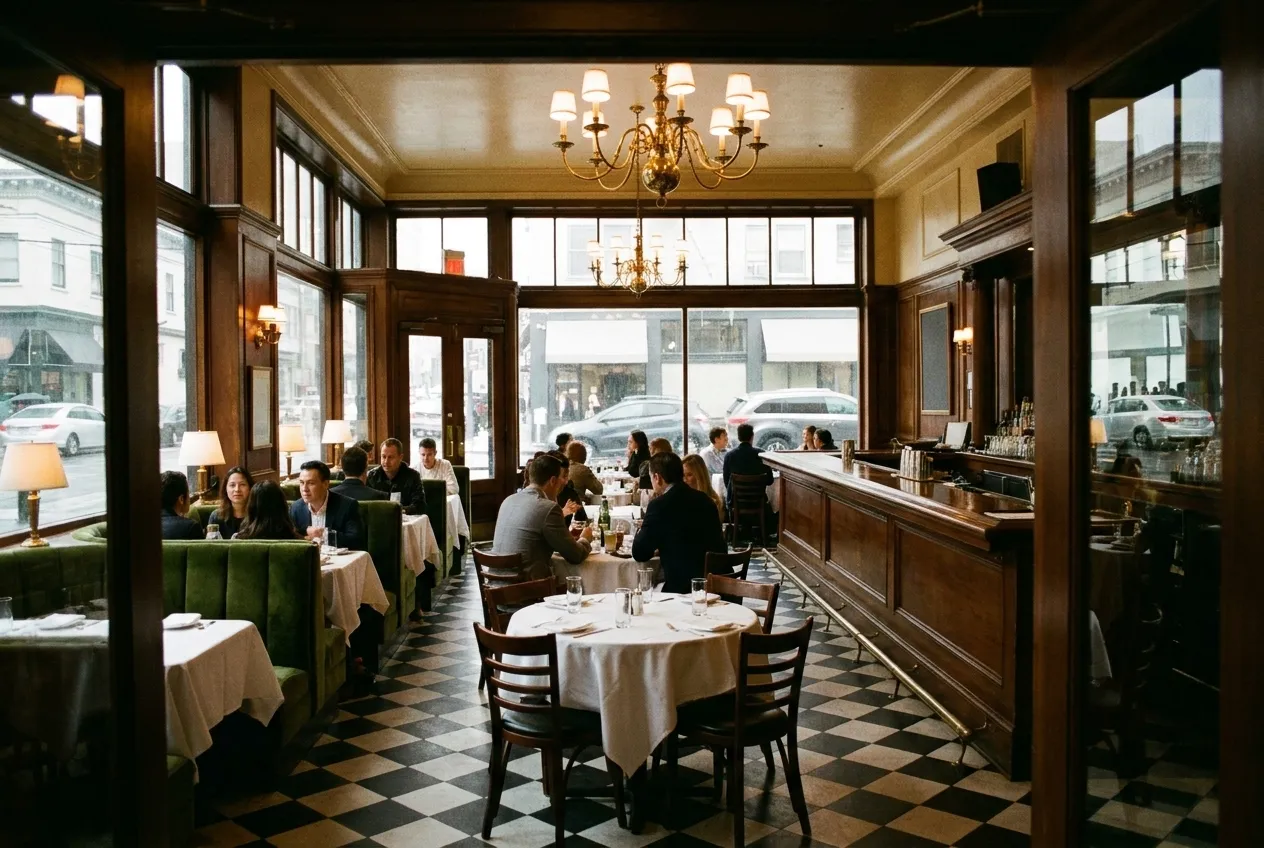 A dining room seen from the doorway with a long bar and warm lighting
