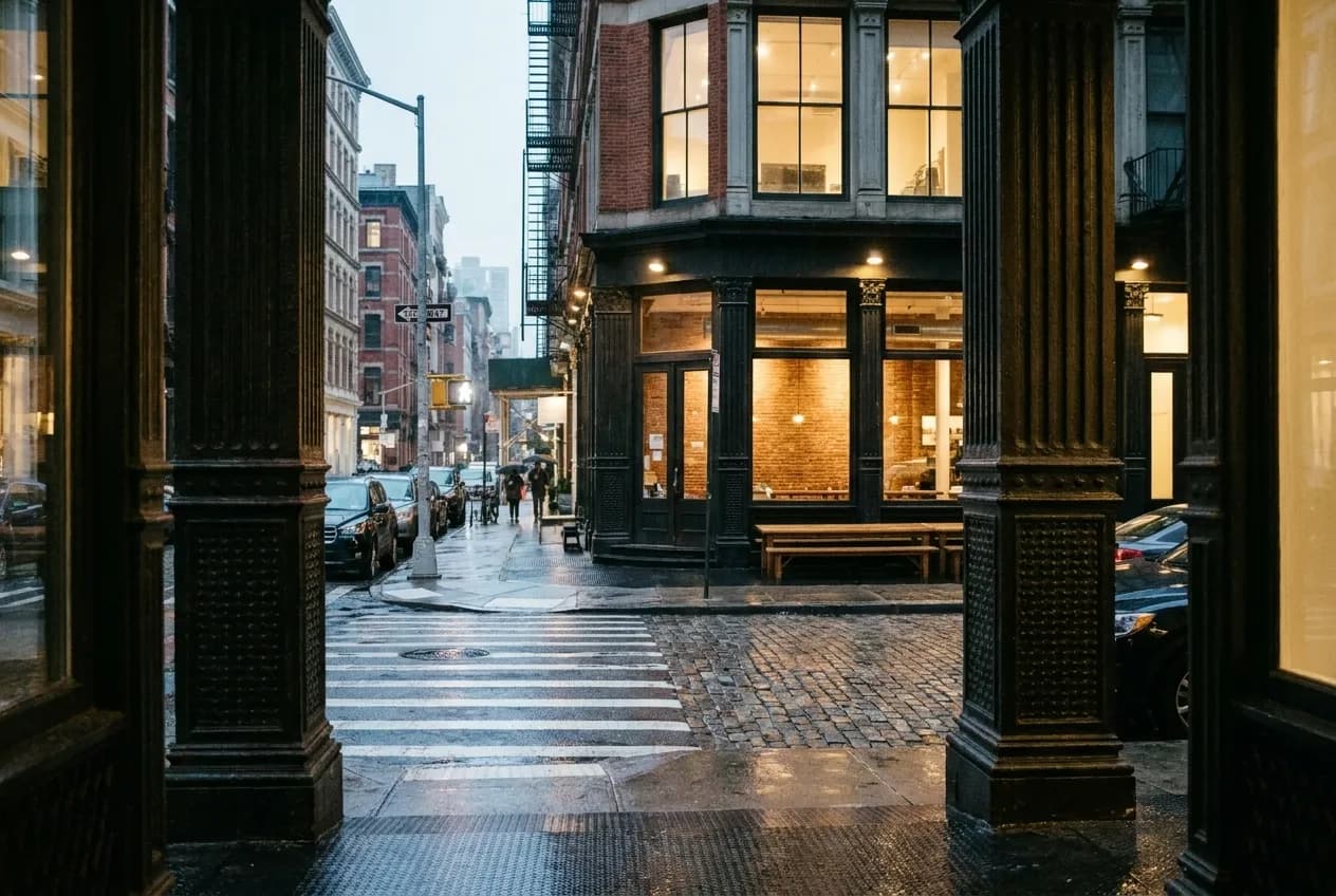 Cobblestone Tribeca street at twilight with loft building facades, restaurant windows glowing amber, and a pedestrian crossing toward a corner wine bar entrance.