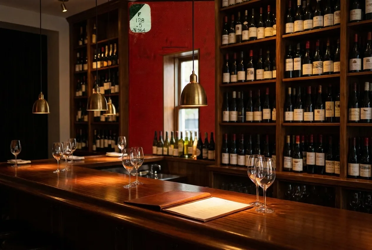 Long wooden bar lined with wine bottles under pendant lights in a narrow New York City wine bar, warm glow spilling across empty glasses and place settings at dusk.