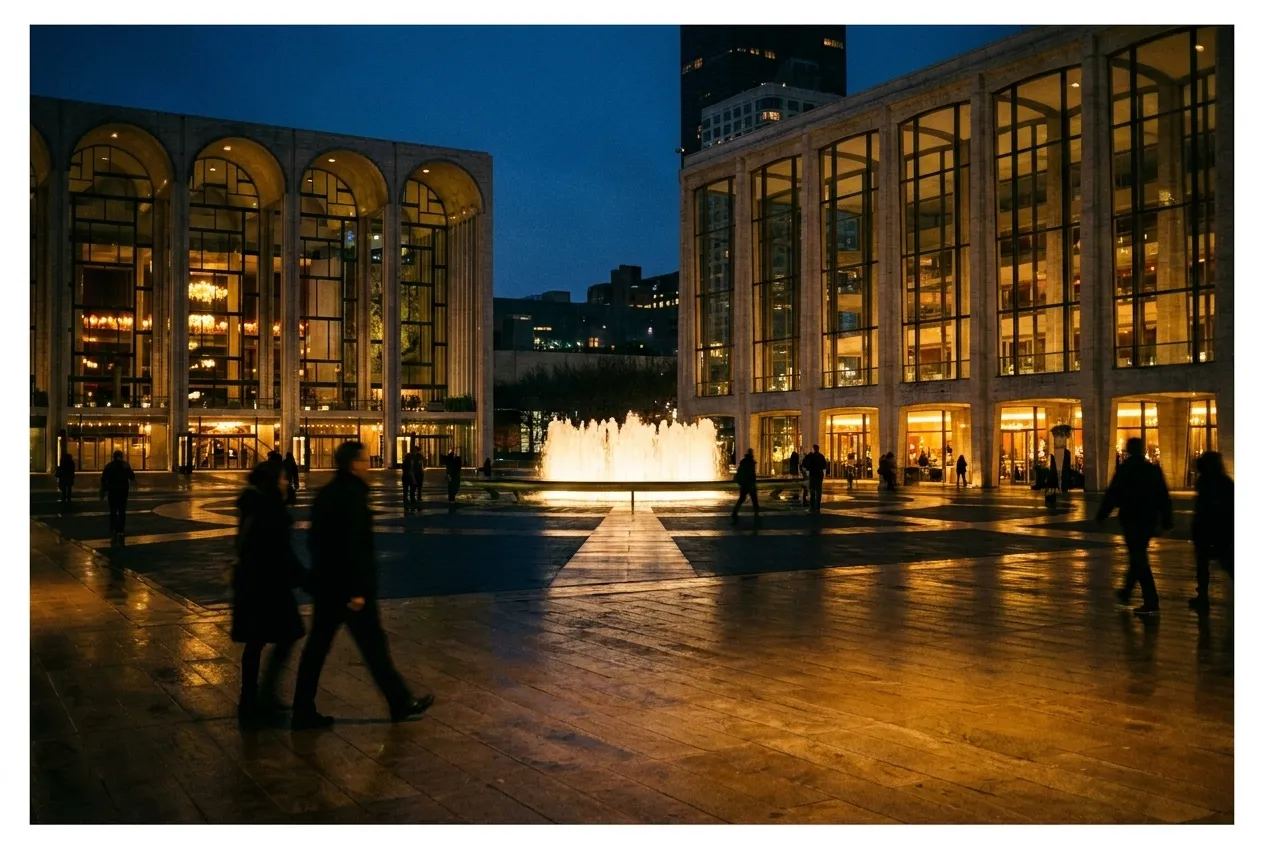 The modernist travertine plaza and fountain at Lincoln Center glowing under evening spotlights, with restaurant windows reflecting the surrounding cultural buildings.