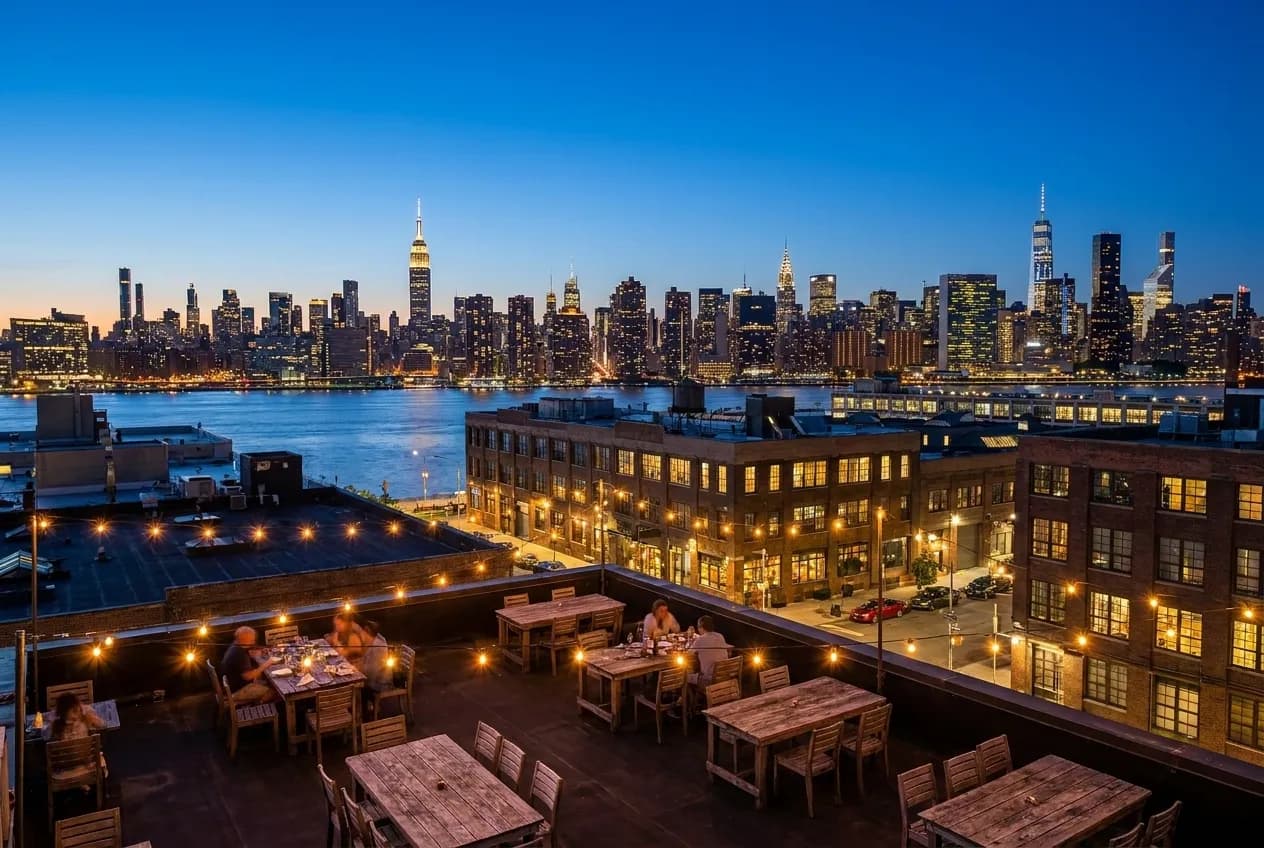 The illuminated Manhattan skyline seen from a Brooklyn waterfront dining terrace at dusk, with industrial brick warehouses framing the view across the East River.