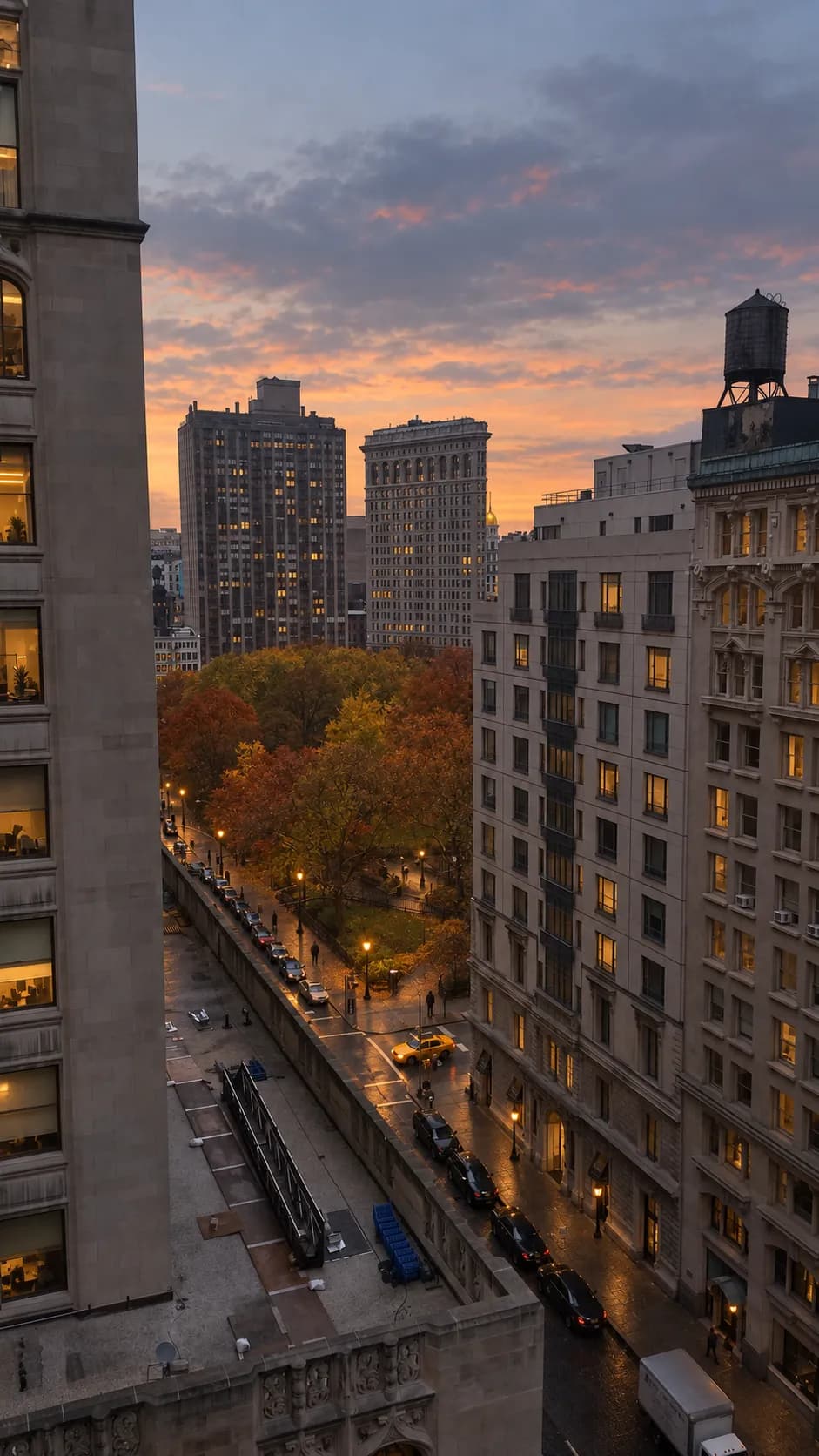 Urban park at dusk with London plane trees over a paved path and pre-war towers rising behind the tree line