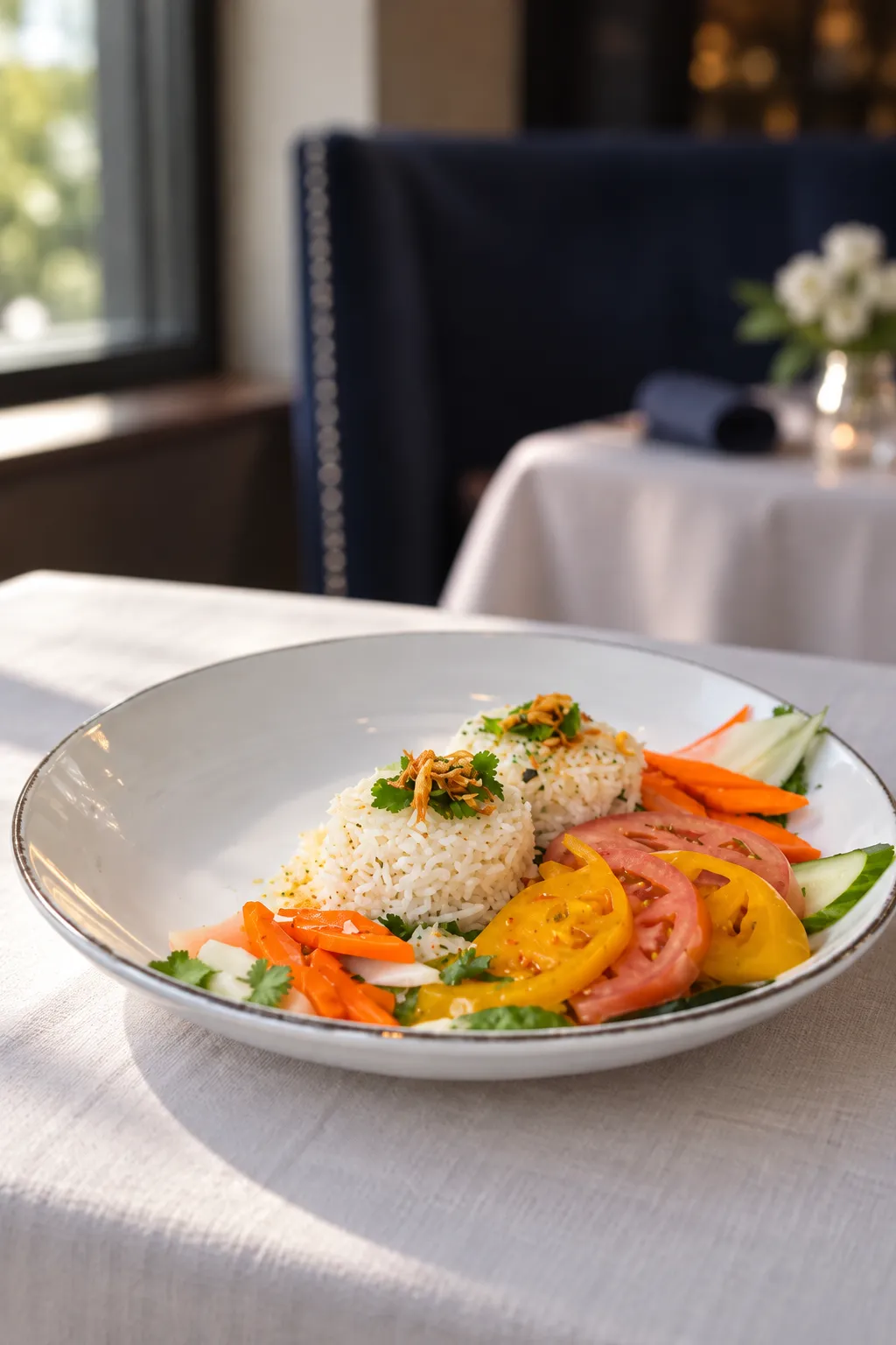 Composed vegetable course on a wide ceramic plate over linen, lit by soft directional window light