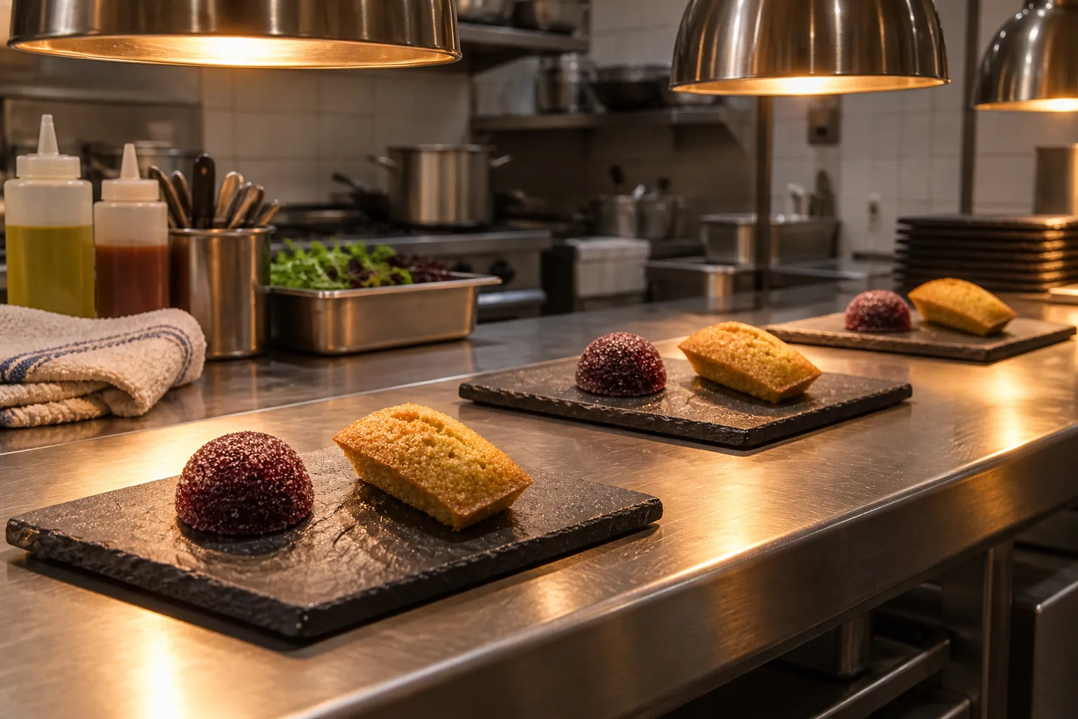 Stainless steel kitchen pass under heat lamps with plates lined up mid-service and squeeze bottles to one side