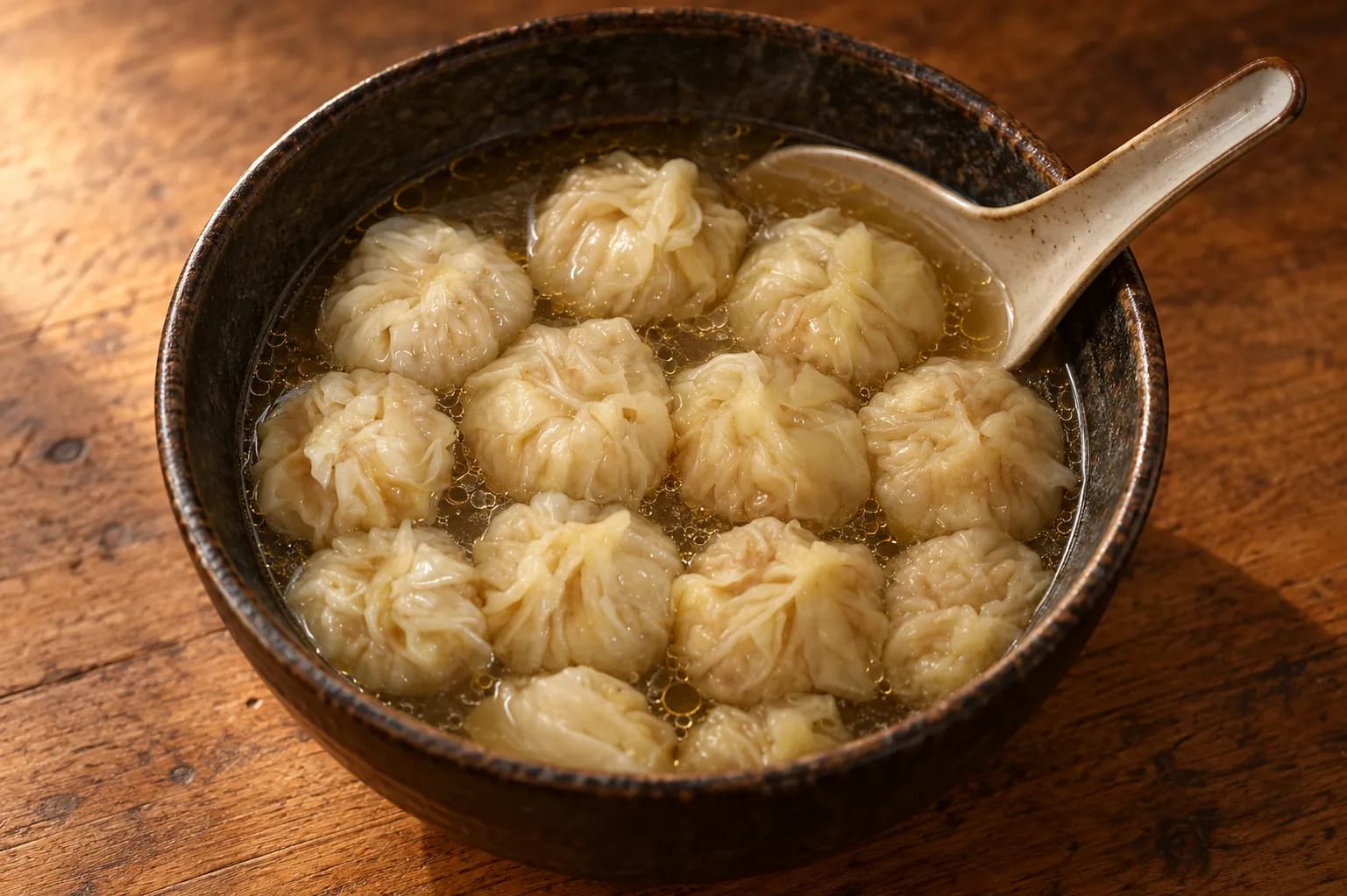 Small dark ceramic bowl of pleated dumplings in broth with oil beading on the surface