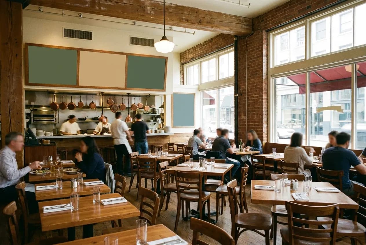 A warmly lit restaurant dining room with wooden tables and an open kitchen pass in San Francisco