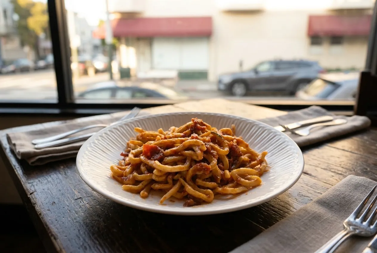 A plate of fresh pasta with a rich braised ragu, photographed from above on a dark table