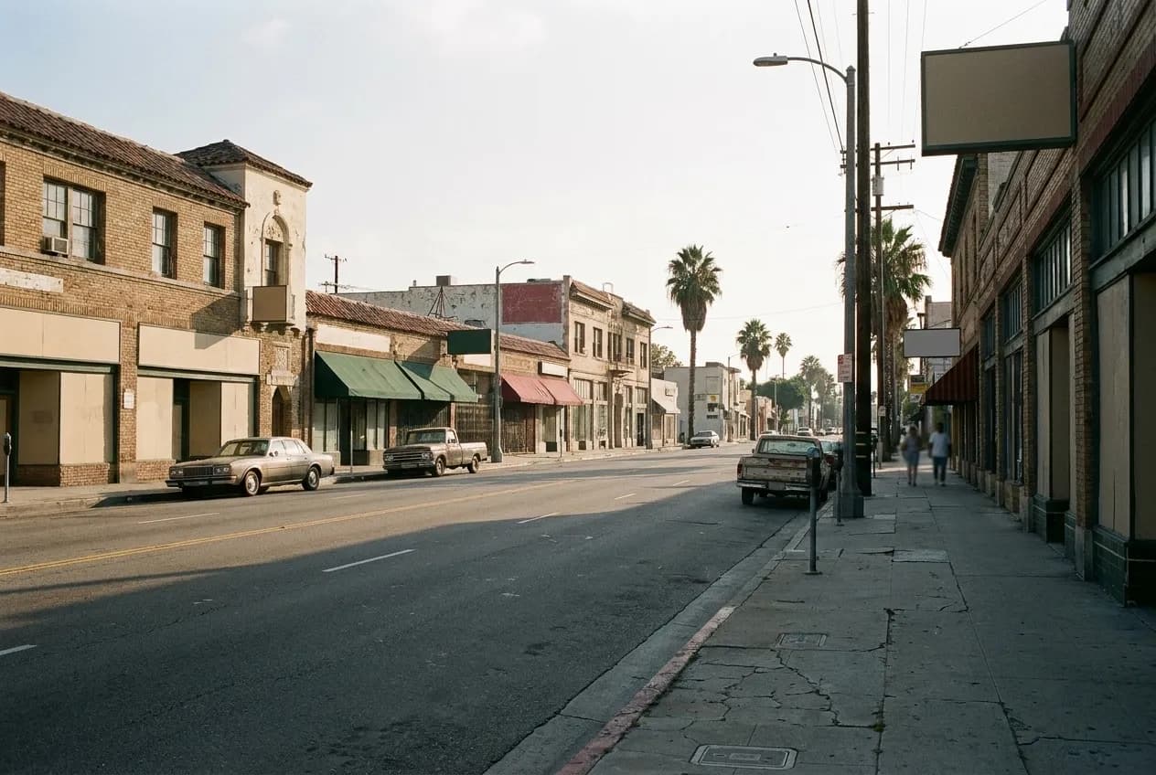 A boulevard in Los Angeles with early twentieth century buildings and low storefronts