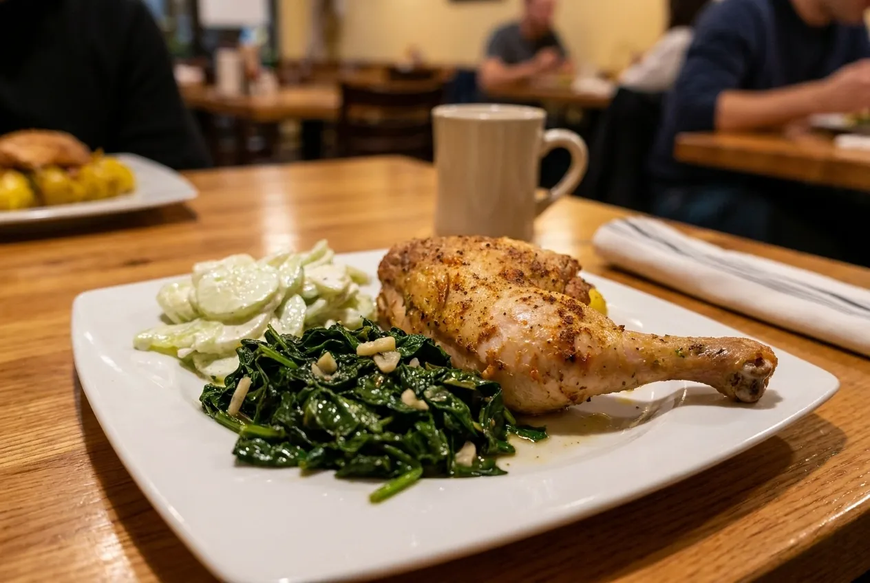 A plate of roast chicken and greens on a restaurant table