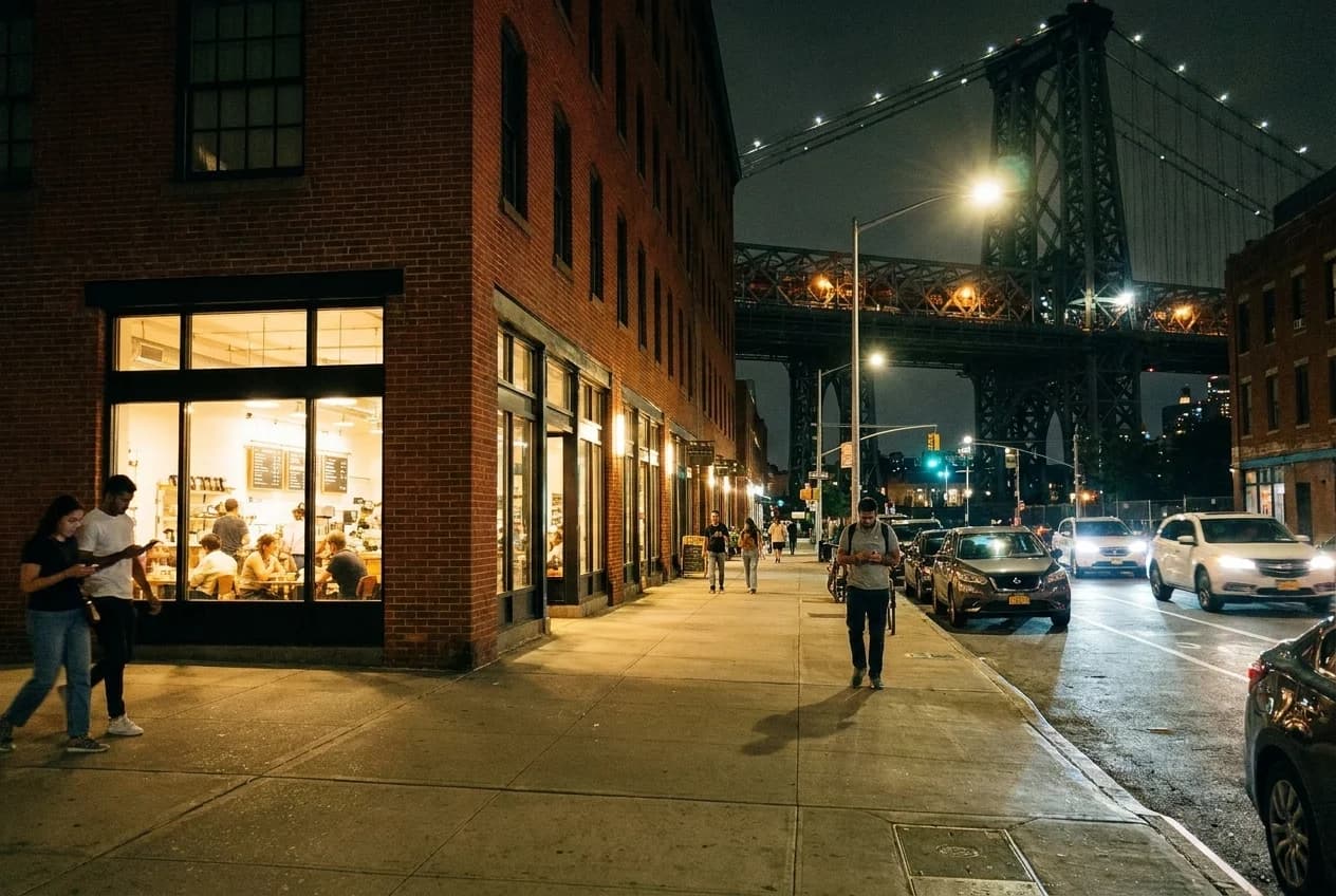 1860s brick warehouse exterior on South 5th Street at night with Williamsburg Bridge in background