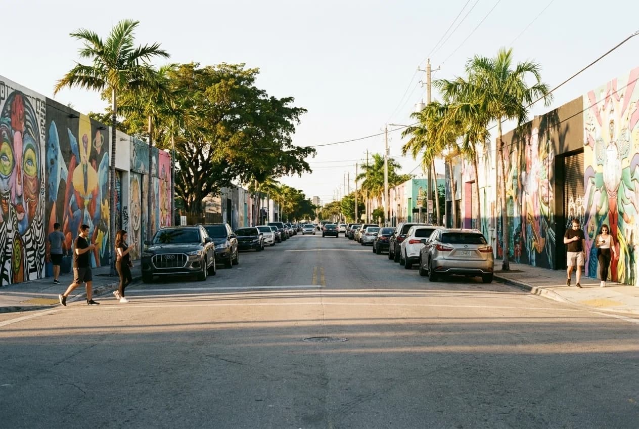 Street view of NW 2nd Avenue in Wynwood with murals, parked cars, and palm trees in afternoon light