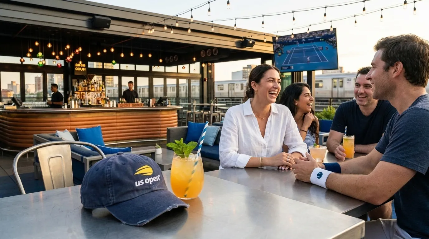 Photorealistic New York scene for Best Rooftop Bars for Watching US Open Highlights Nearby.