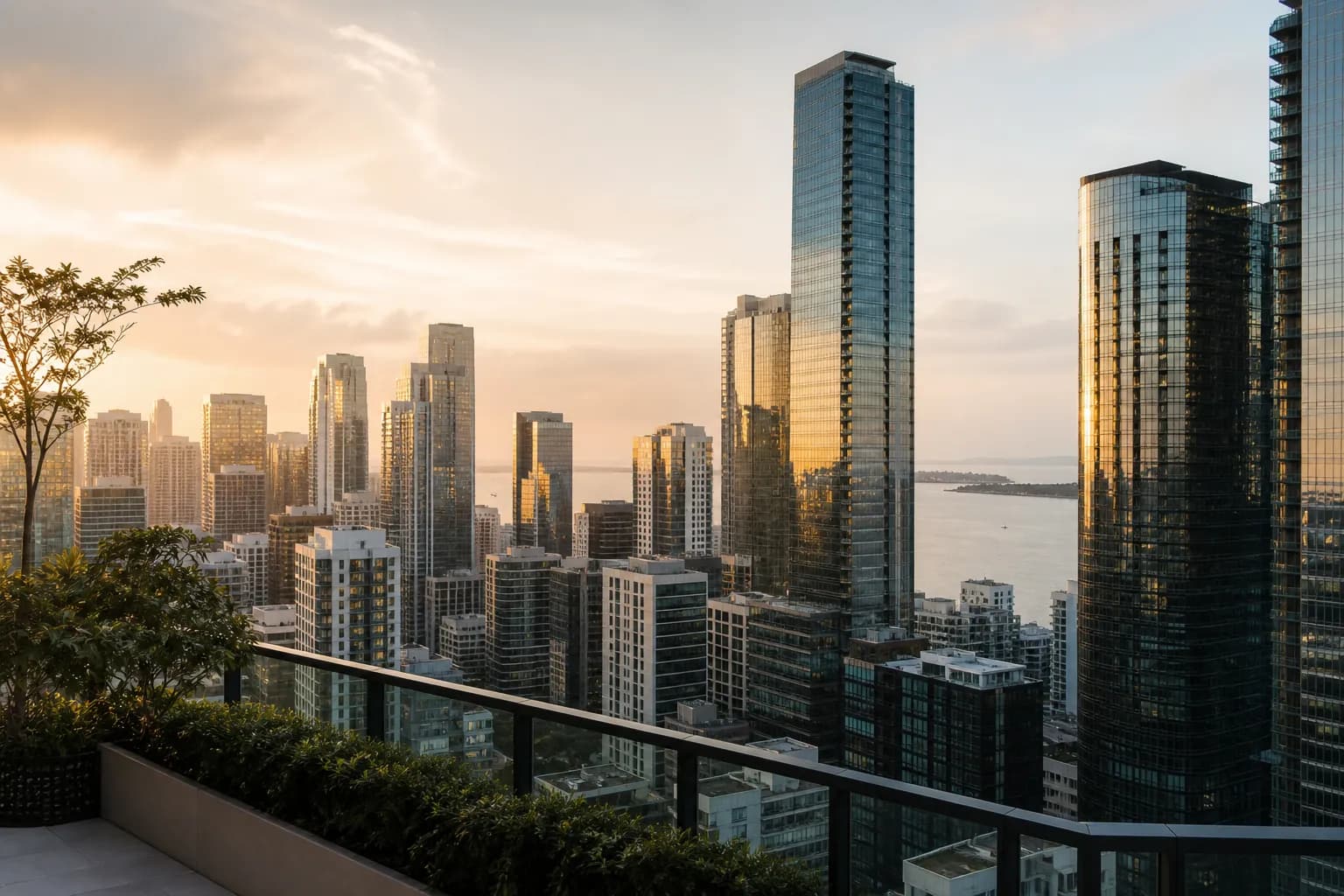 Brickell skyline seen from a rooftop terrace at sunset