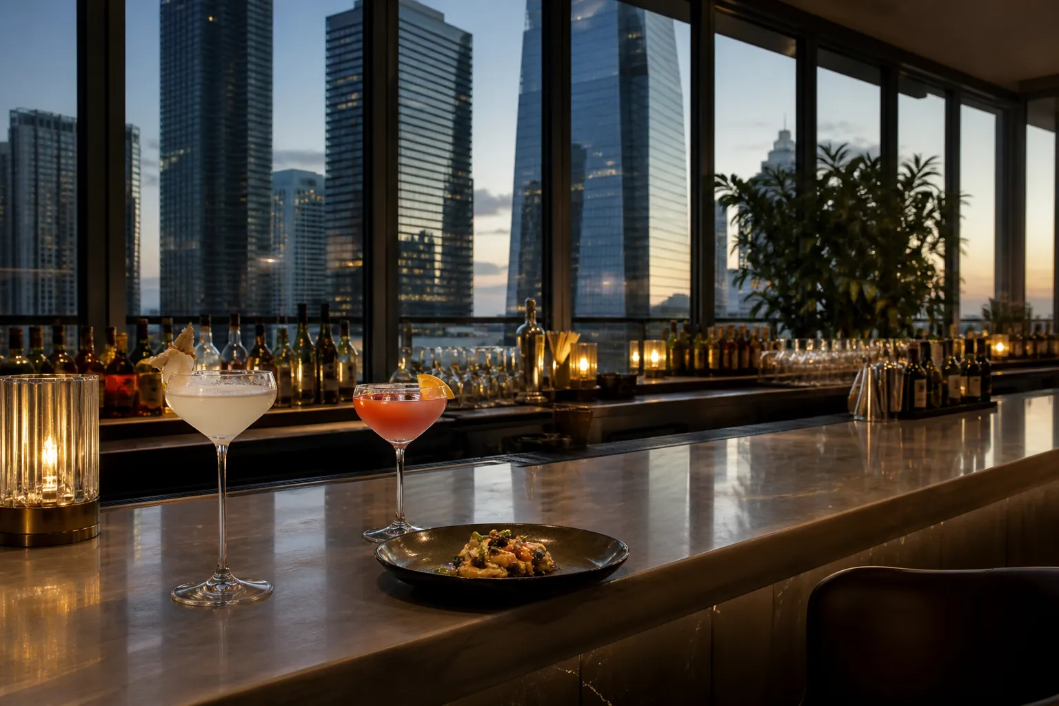 Rooftop bar counter with cocktails and skyline beyond