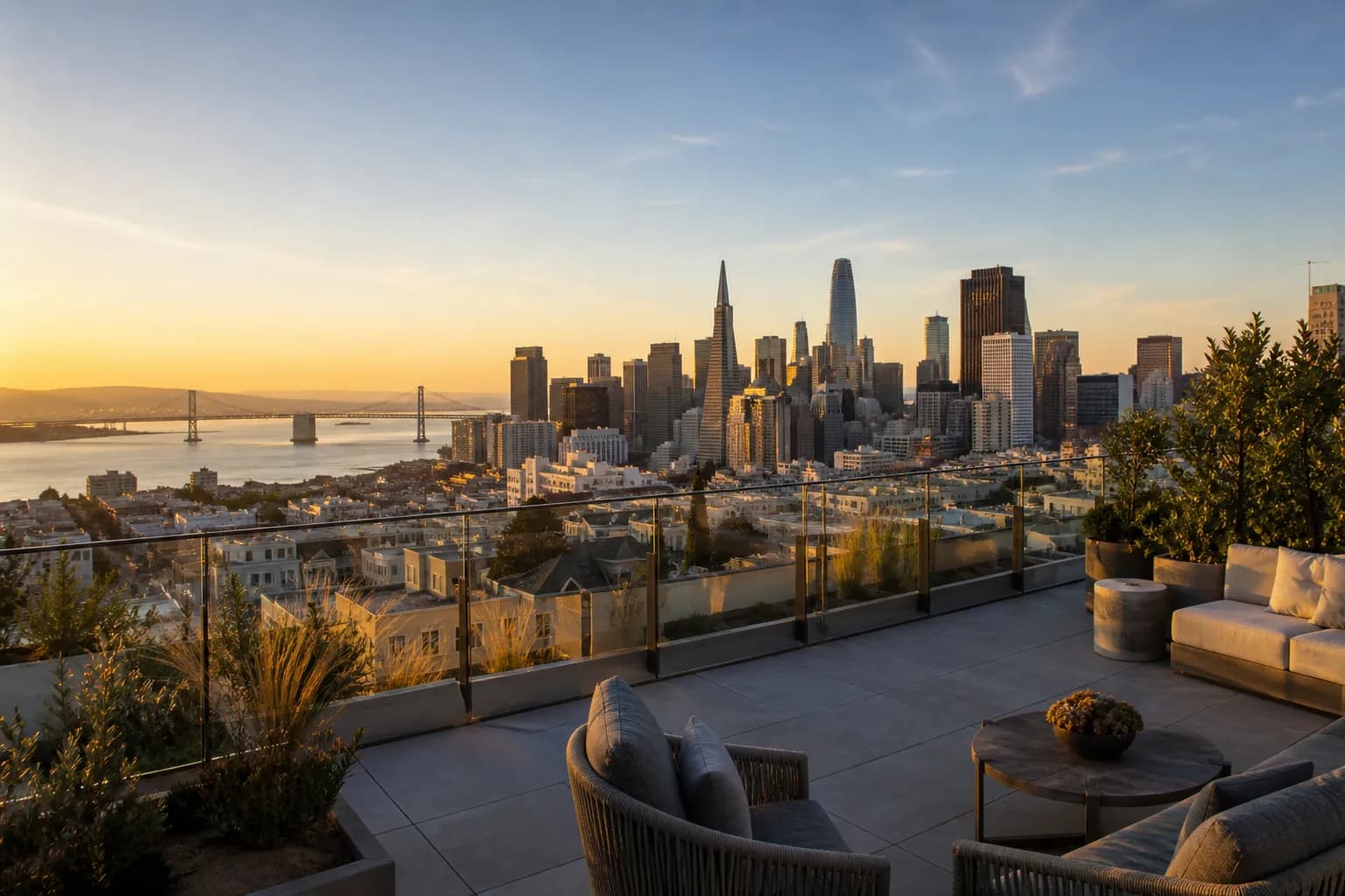A San Francisco rooftop terrace looking toward the bay at sunset