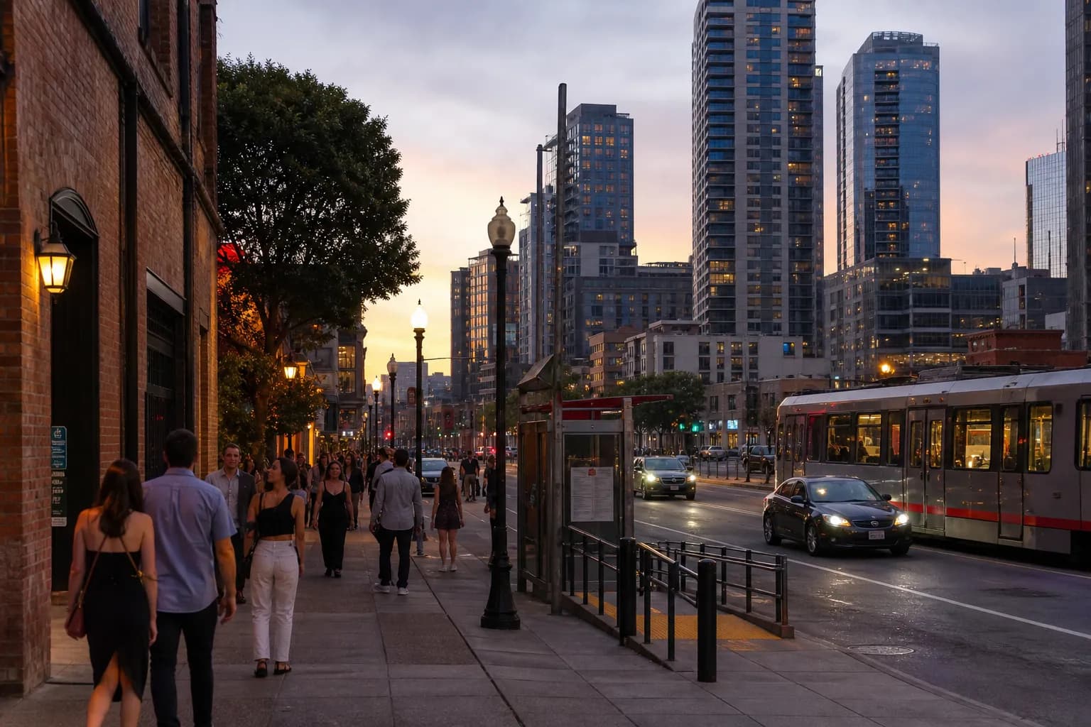 A downtown San Francisco street leading toward a rooftop nightlife district