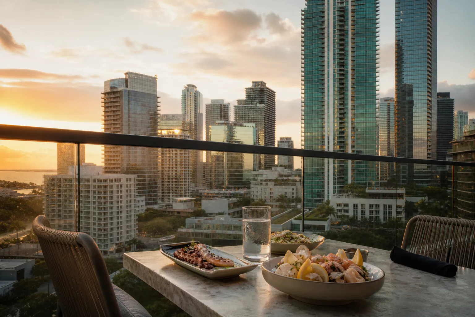 Miami rooftop terrace with skyline and bay at sunset