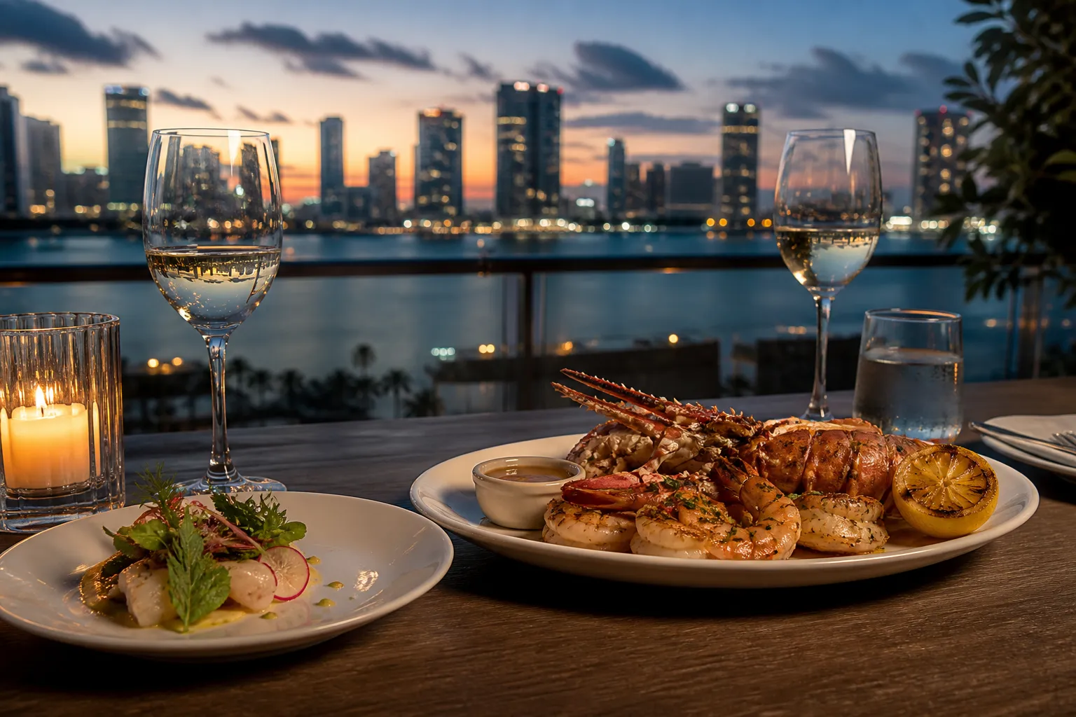 Miami rooftop dinner with chilled seafood and skyline glow
