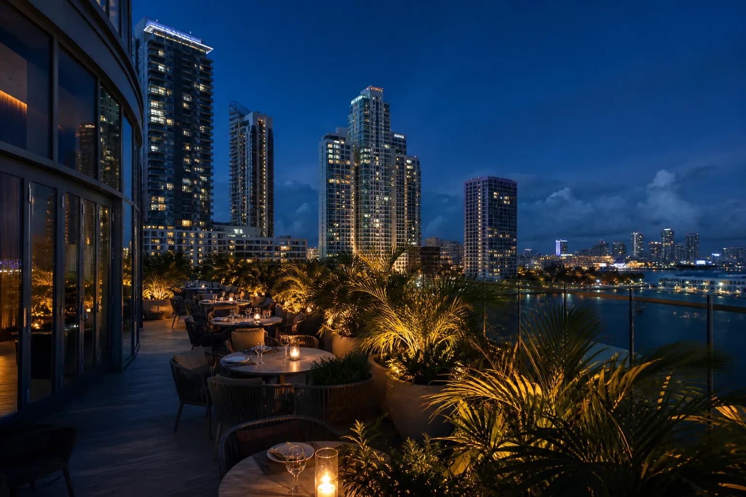 Miami rooftop restaurant glowing after sunset above the city