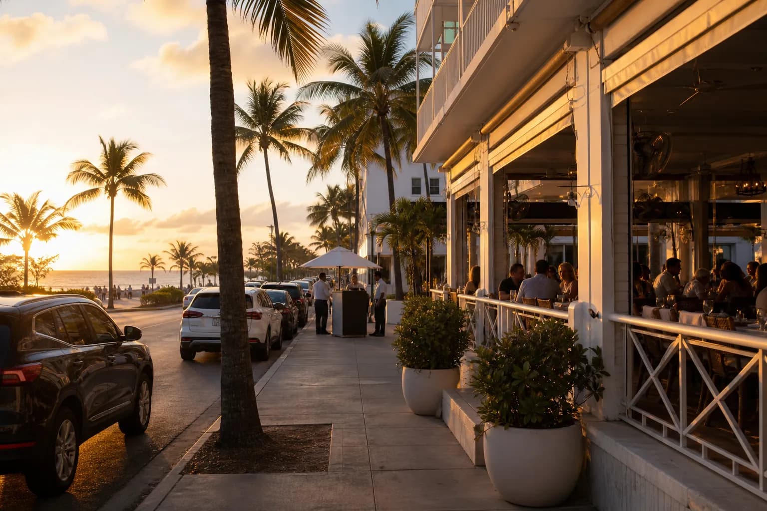 Oceanfront Miami Beach restaurant terrace at dusk with palms and parked cars