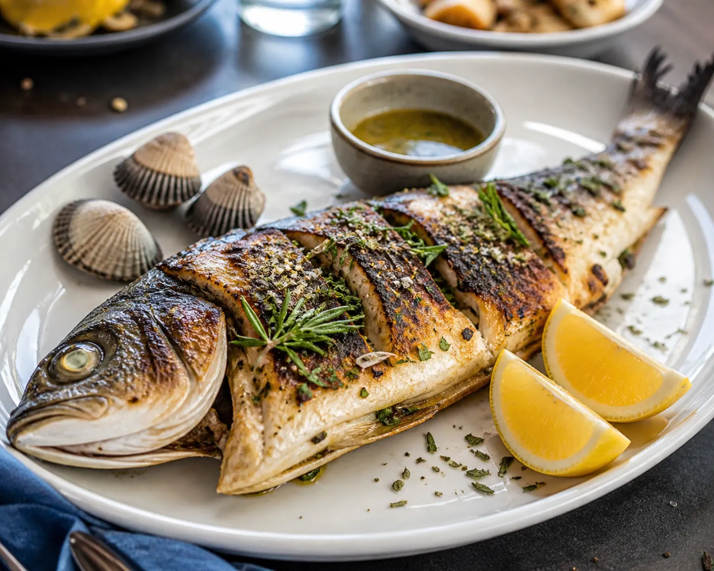 Grilled whole fish with citrus and shellfish on a simple table setting