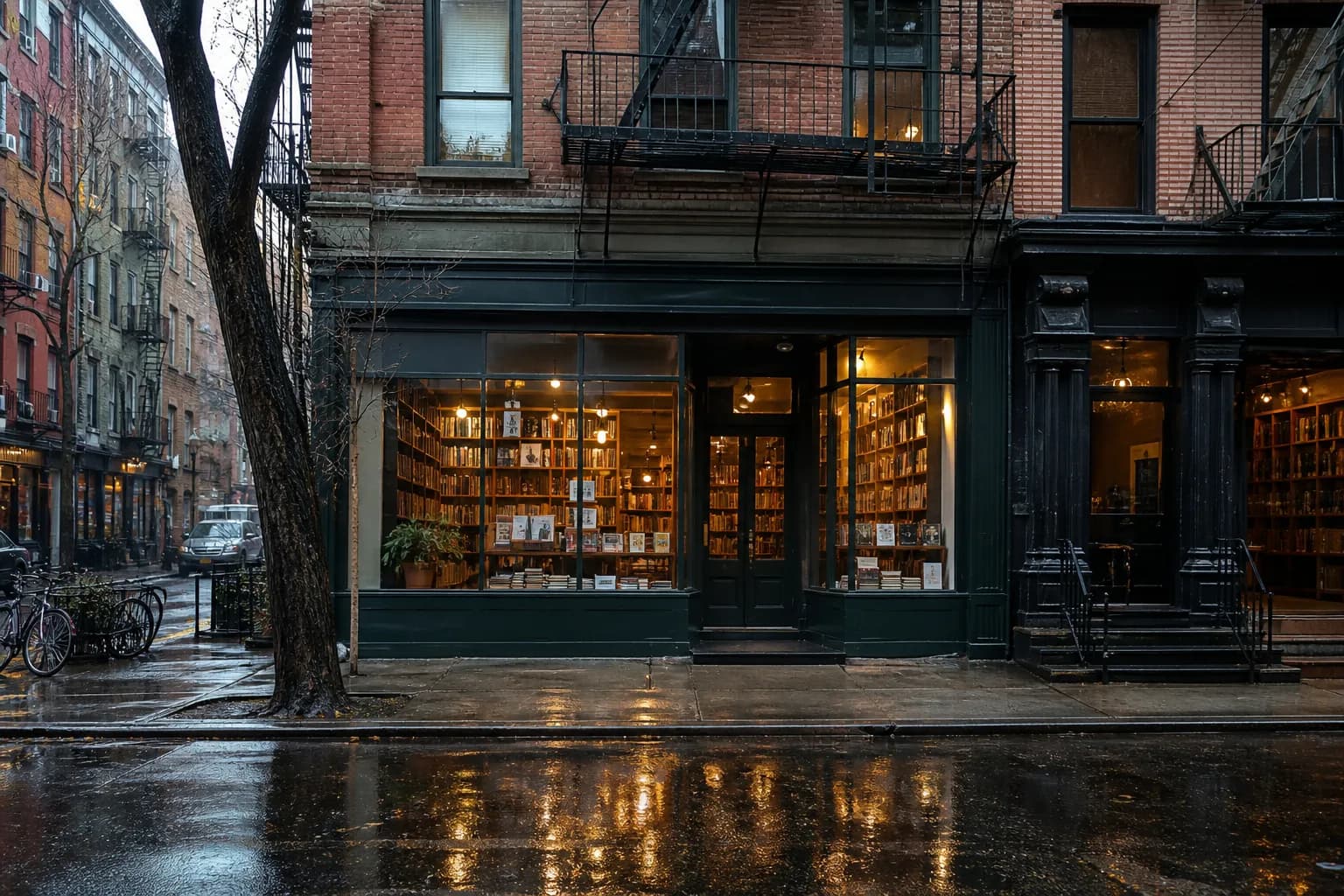 Rain-slick Greenwich Village street with a glowing independent bookstore window