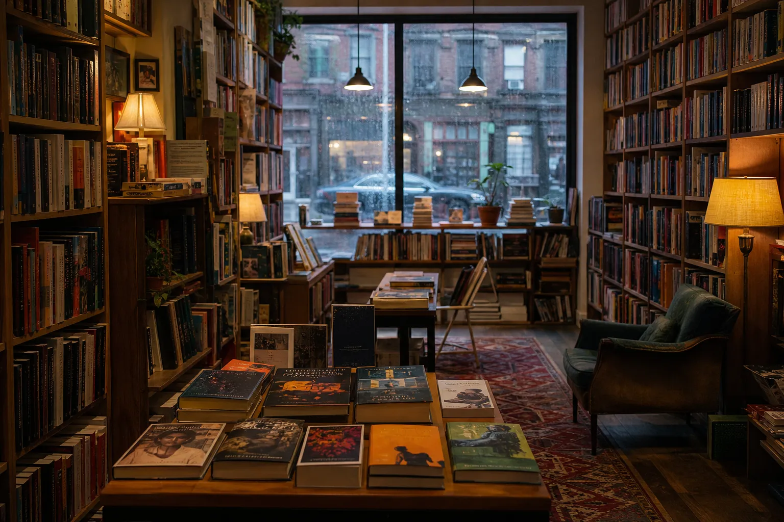 Cozy indie bookstore interior with stacked books and a rainy window
