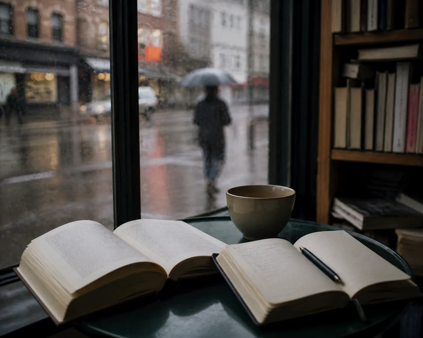 Brooklyn sidewalk near a bookstore and subway entrance on a gray day