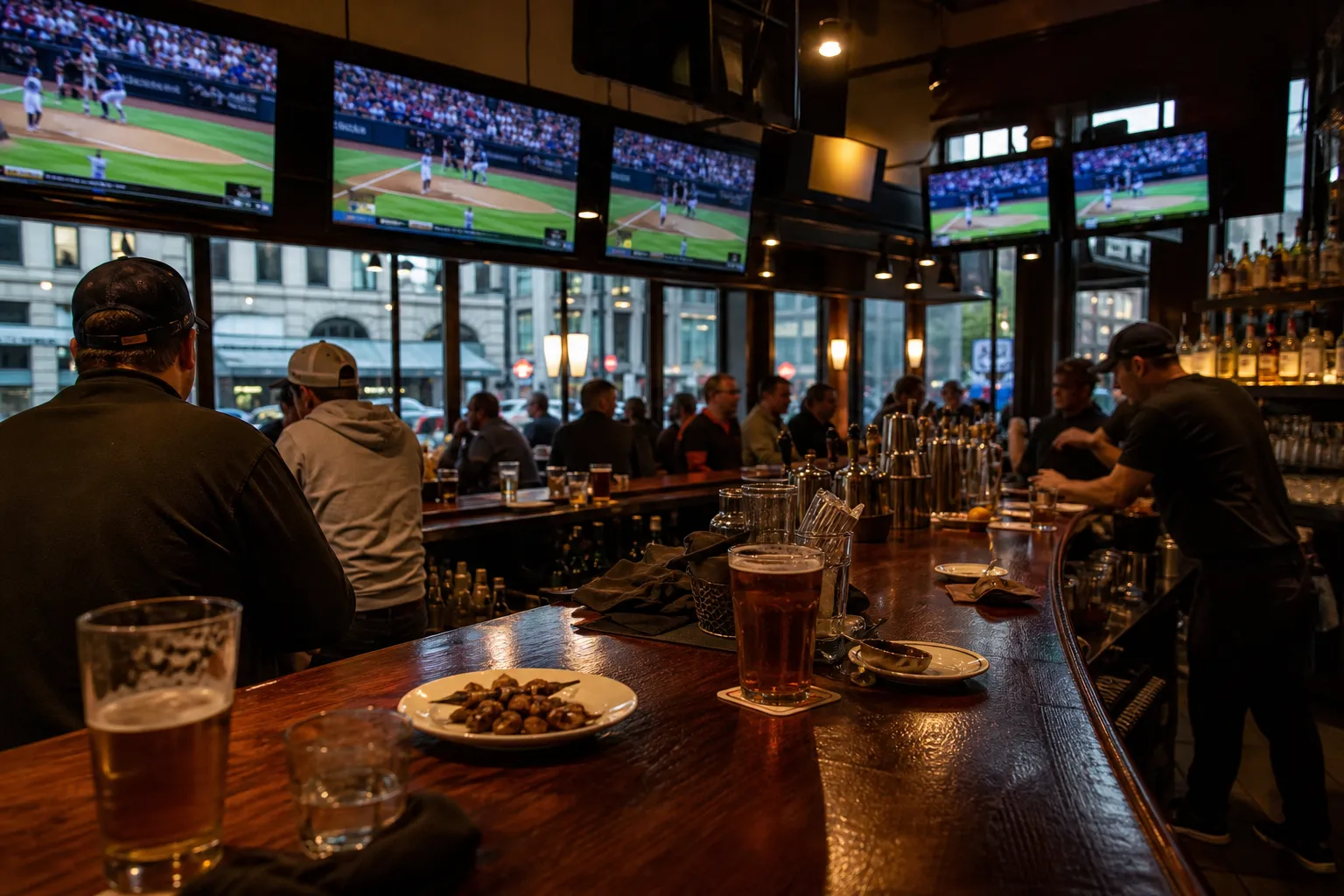 Busy sports bar counter with baseball on televisions near Oracle Park