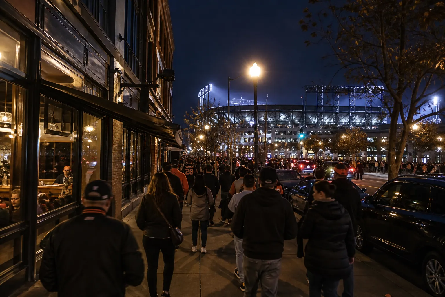 Fans walking toward Oracle Park along a lit street at dusk