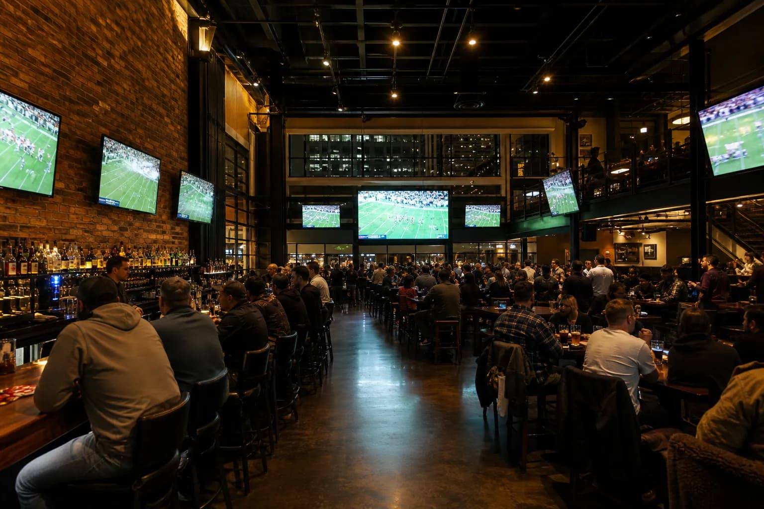 Wide view of a San Francisco sports bar interior with multiple TVs glowing over a roomy crowd and long bar seating.