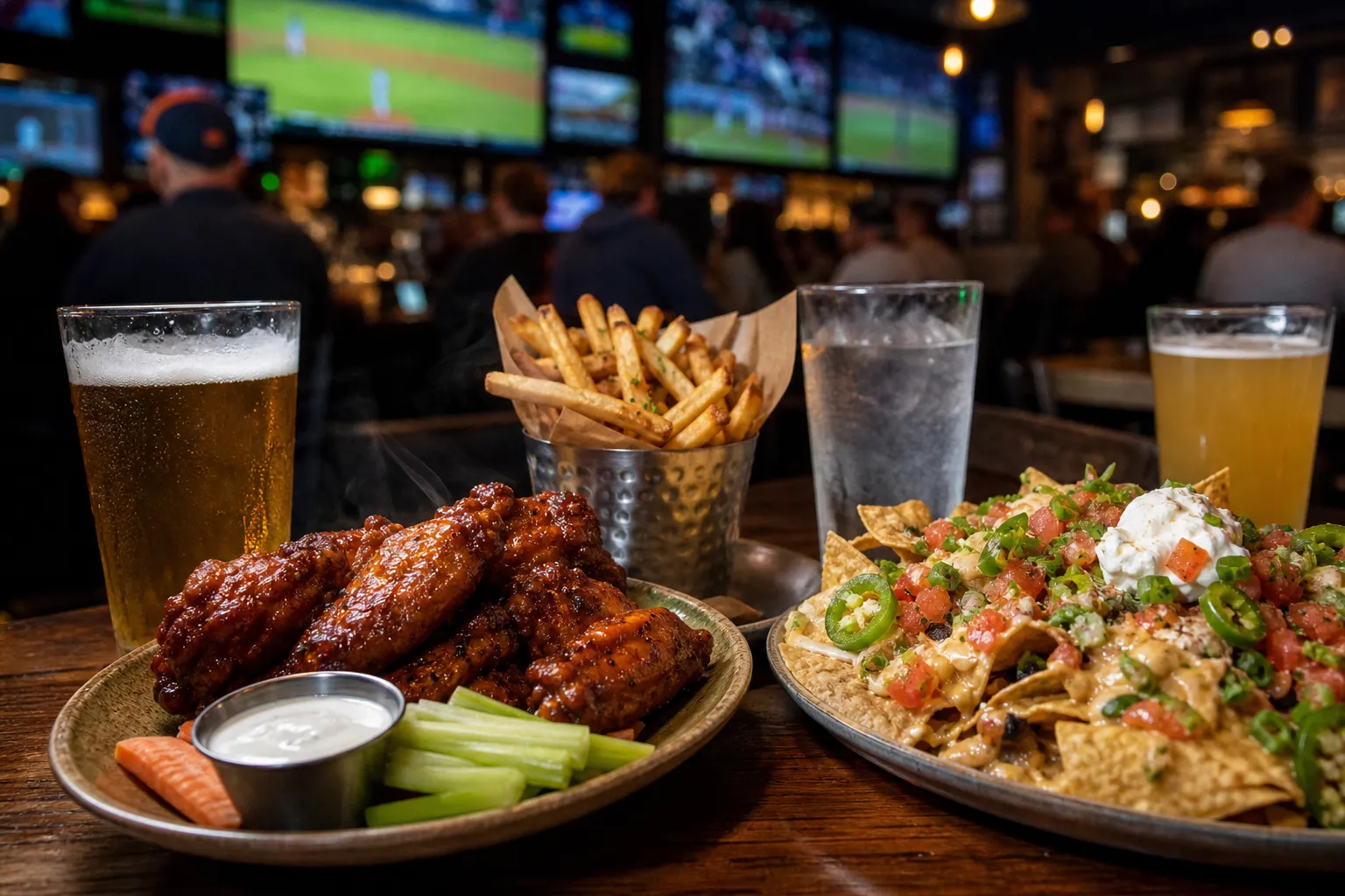 Shareable game-night food and drinks on a bar table with screens softly blurred in the background.