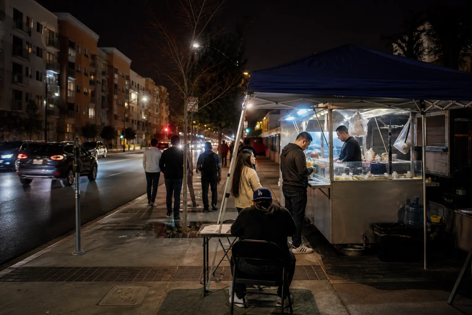Night view of a Koreatown taco stand on a busy Los Angeles street
