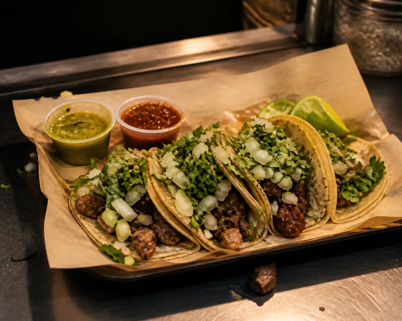 Tacos with salsa and lime on a paper-lined tray