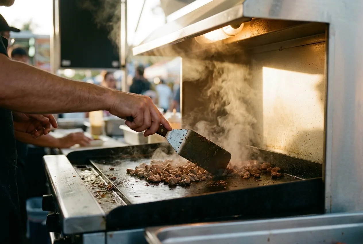 Chopped meat searing on a black flat-top griddle under a hood light, a metal spatula mid-turn and steam rising off the surface
